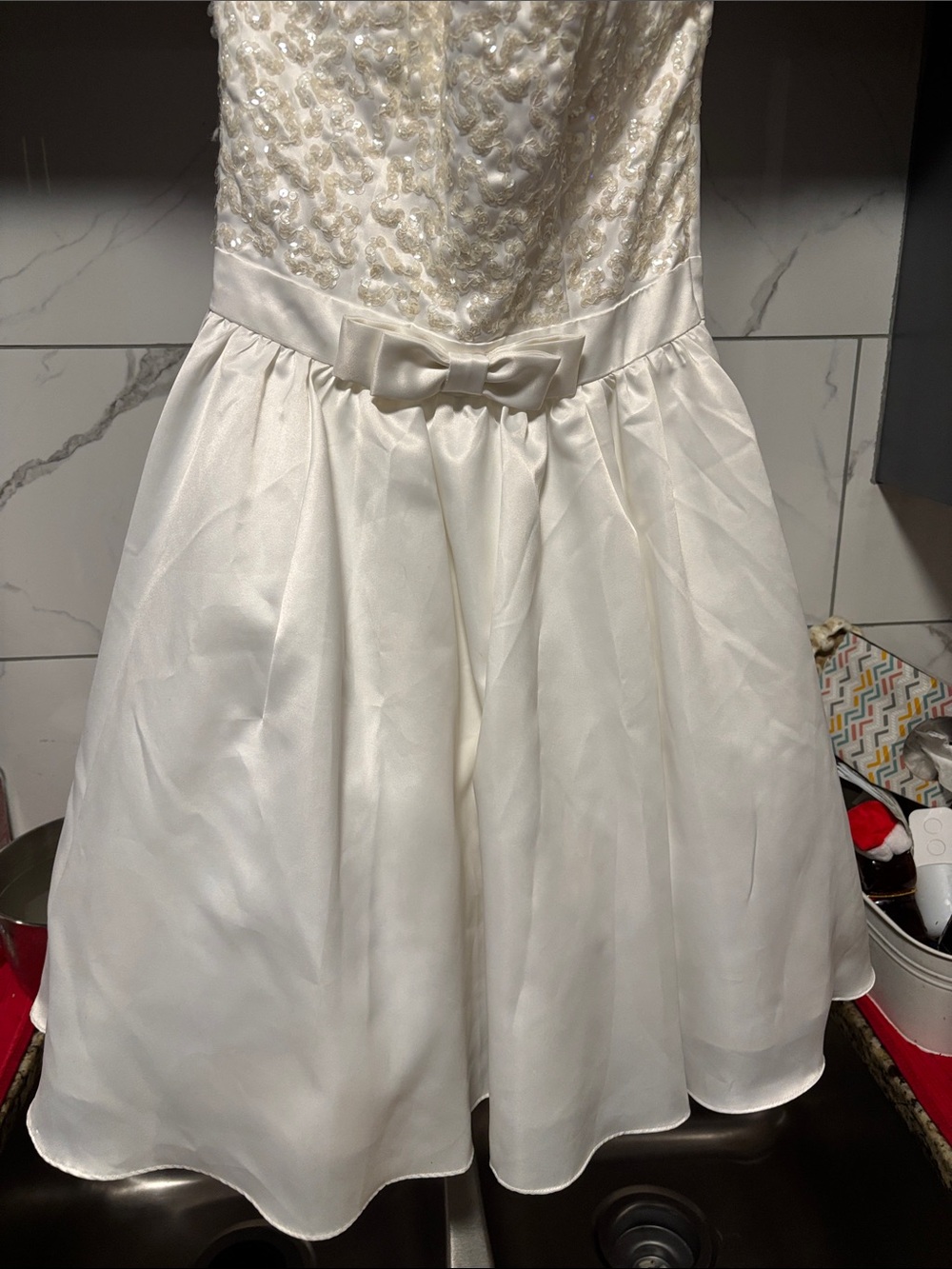 Betsey Johnson Ivory Beaded Bodice Satin Bow Midi Dress-NWOT p2P14, waist 14,L28